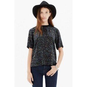 Madewell Ink Spot Leopard Silk Front Row Blouse in Black/Blue/Olive - Size S